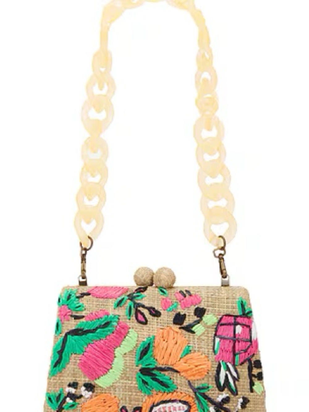 Embroidered Floral Straw Clutch with Cream Chain Strap